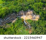 Aerial view photo from flying drone of Two steep waterfalls on the rock cliff at canyon Nam Nao in Phetchabun Province unseen Thailand.Conserve Mineral resources of world Concept.