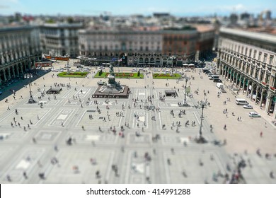 Aerial View Of Piazza Del Duomo From Milan Cathedral, Italy. Tilt-shift Effect Applied