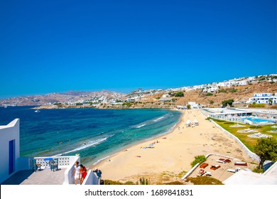 Aerial view of the pictorial beach of Megali Ammos in Mykonos island in Greece