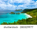 Aerial view of picturesque Trunk bay on St John island, US Virgin Islands considered by many as most beautiful beach in Caribbean