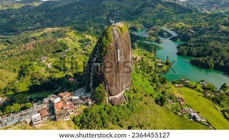 Aerial view from the Piedra del Peñol next to the Lake or reservoir in Guatape, Antioquia, Colombia, located near the city of Medellín