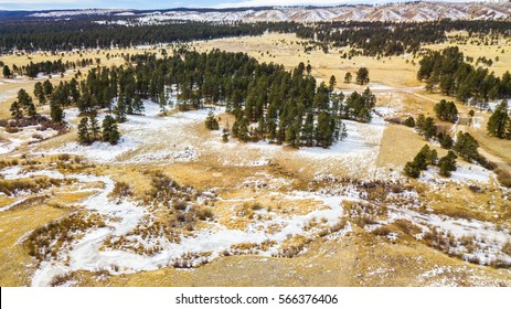 Aerial view of Pikes National Forest in the Winter.