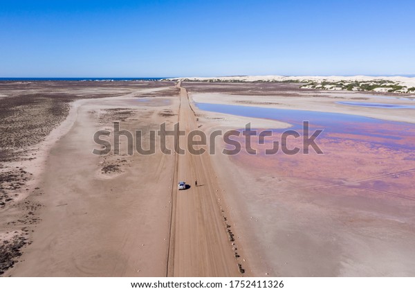 Aerial view of\
the Pink lakes of South\
Australia