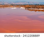 Aerial view of the Pink salt ponds at Alviso Marina County Park, gateway to the Don Edwards San Francisco Bay National Wildlife Refuge