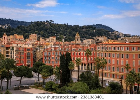 Aerial view of Place Massena, Old Town or Vielle Ville buildings, the Promenade du Paillon and Castle Hill or Colline du Chateau in Nice, France