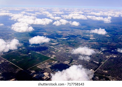 Aerial View From A Plane Of The Flooding Created By Hurricane Harvey. August 31, 2017. Dallas, Fort Worth, Texas.