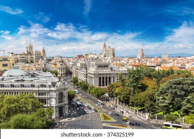 Aerial View  Plaza De Cibeles In Madrid In A Beautiful Summer Day, Spain