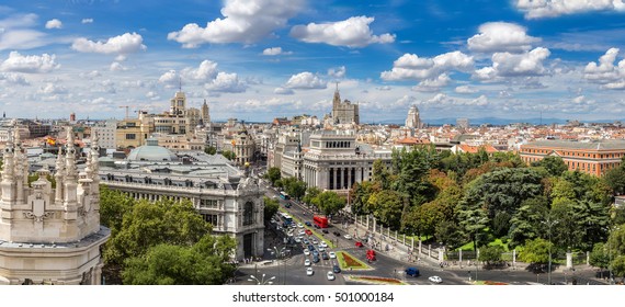 Aerial View  Plaza De Cibeles In Madrid In A Beautiful Summer Day, Spain