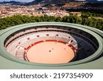 The aerial view of Plaza de Toros in Pamplona, the capital of Navarre province in northern Spain