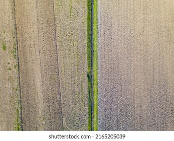 Aerial view of plowed fields ready for planting.
