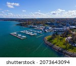 Aerial view of Plymouth marina at historic town center in fall, Plymouth, Massachusetts MA, USA. 