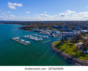 Aerial view of Plymouth marina at historic town center in fall, Plymouth, Massachusetts MA, USA. 