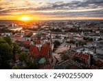 Aerial view of Podgorze district in Krakow, Poland during sunset.