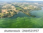 Aerial view of the polluted green waters of Clear Lake and the environmental effects of  agricultural runoff causing algal blooms