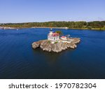 Aerial view of Pomham Rocks Lighthouse on Providence River near Narragansett Bay in East Providence, Rhode Island RI, USA. 