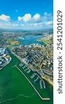 Aerial view of Poole, a coastal town in Dorset, southern England, known for its large natural harbour and sandy beaches, UK