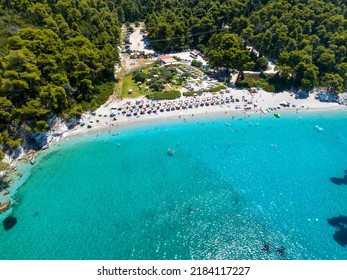 Aerial view of the popular Kastani Beach at Skopelos island, famous from the movie Mamma Mia, Sporades, Greece