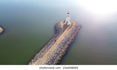 Aerial View Popular Lighthouse With Tourist At Lake Hefner, Northwestern Oklahoma City, Oklahoma, USA. 36 Feet Tall Building Inspired By A 1700s New England Lighthouse