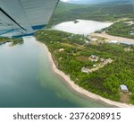 Aerial view of Port Alsworth, Alaska within Lake Clark National Park and Preserve. Private Port Alsworth Airport, public Wilder Natwick Airport, Hardenburg Bay. View from seaplane. 