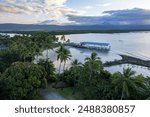 Aerial view of Port Douglas, Australia, with a pier surrounded by palm trees and lush vegetation, mountains in the background, and a partly cloudy sky, creating a serene and picturesque landscape.