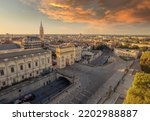 Aerial view of The Porte du Peyrou and Montpellier city at sunrise, France. The Porte du Peyrou is a triumphal arch in Montpellier, in southern France.	