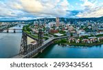 Aerial View of Portland River Cityscape at Dusk