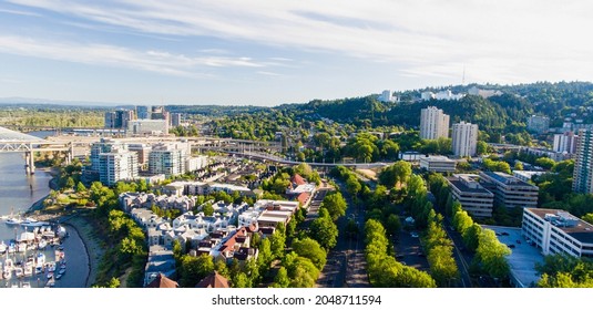 Aerial View Of Portland Skyline Along Willamette River.