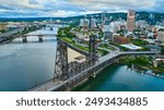 Aerial View of Portland Steel Bridge and Downtown Skyline