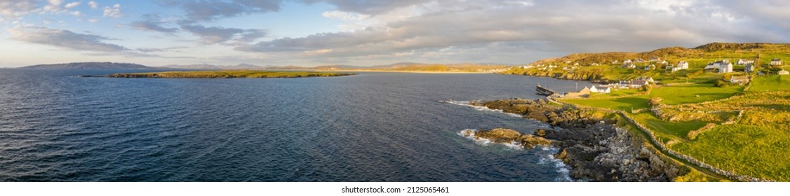 Aerial view of Portnoo harbour and Inishkeel Island in County Donegal, Ireland