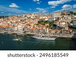 Aerial view of Porto city and Douro river with moored sailling ship from Dom Luis bridge I. Porto, Portugal