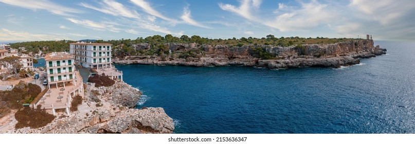 Aerial View Of The Porto Colom Fishing Village In Majorca, Spain.