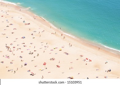 Aerial view of Portugal beach at Nazere in summer time.