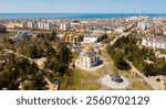 Aerial view of Poti Cathedral, river Rioni and city center on spring sunny day, Georgia