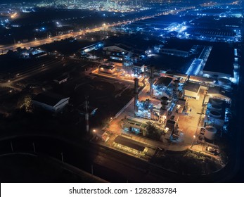 Aerial view Power plant or Power house for electric energy at night.