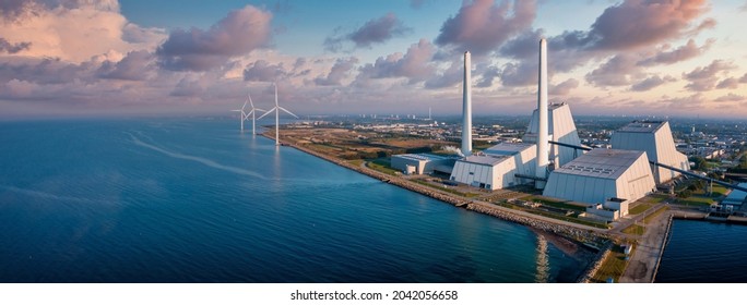 Aerial view of the Power station. One of the most beautiful and eco friendly power plants in the world. ESG green energy. - Shutterstock ID 2042056658