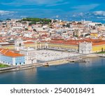 Aerial view of Praca do Comercio and Baixa district in Lisbon old town, Portugal. Panoramic drone photo of central square and Arco da Rua Augusta