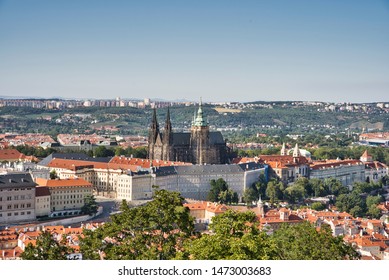 Aerial view of Prague Castle, St. Vitus Cathedral and surrounding areas. Czech Republic. Europe