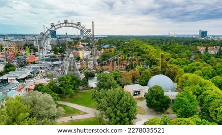 Aerial view of Prater amusement park and Vienna cityscape, Austria.