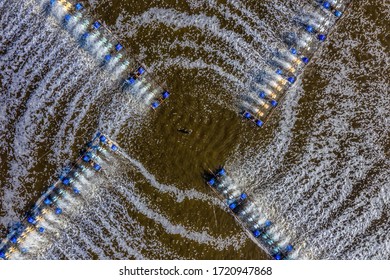 Aerial View Of The Prawn Farm With Aerator Pump In Front Of Ninh Phuoc, Ninh Thuan, Vietnam. The Growing Aquaculture Business Continuously Threatening The Nearby Wetlands.