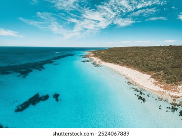 Aerial view of a pristine beach with turquoise waters and lush green hills under a clear blue sky - Powered by Shutterstock