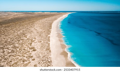 Aerial view of a pristine beach with turquoise waters and a sandy coastline under a clear blue sky. - Powered by Shutterstock