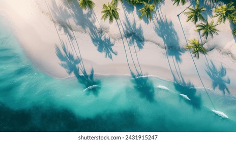 Aerial View of a Pristine Tropical Beach with Palm Trees and Turquoise Water, south east asia, philippines, drone paradise landscape - Powered by Shutterstock