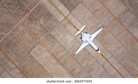 Aerial View Of Private Business Jet Is Waiting At The Airport.