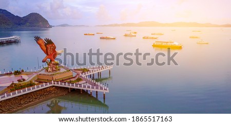 Aerial view of public Eagle statue, the symbol of Langkawi island, Malaysia