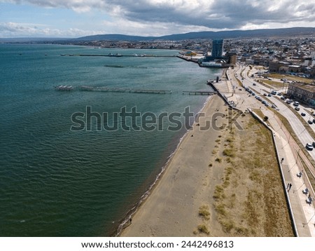 Aerial view of Punta Arenas seaside promenade during summer in Chile