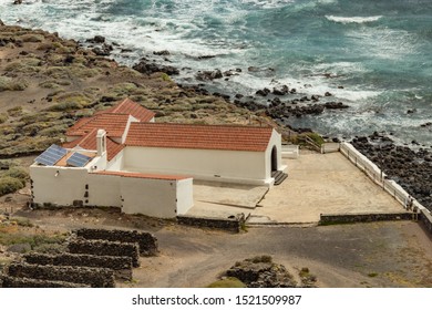 Aerial View Of Punta Llana, Where Is The Ermita De Nuestra Senora De Guadalupe At La Gomera. Hiking Trail Descending To The Coastal Plateau. Long Focus Lens. Canary Islands.