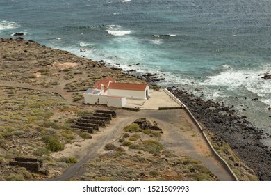 Aerial View Of Punta Llana, Where Is The Ermita De Nuestra Senora De Guadalupe At La Gomera. Hiking Trail Descending To The Coastal Plateau. Long Focus Lens. Canary Islands.