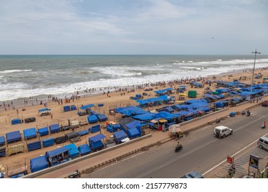 Aerial View Of Puri Sea Beach With Closed Shops And Highway Road At Odisha, India Dated 12th May 2022