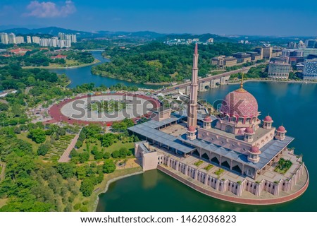 Aerial View Of Putra Mosque With Putra Square And Beautiful Lake View