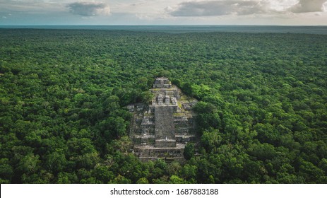 Aerial view of the pyramid, Calakmul, Campeche, Mexico. Ruins of the ancient Mayan city of Calakmul surrounded by the jungle